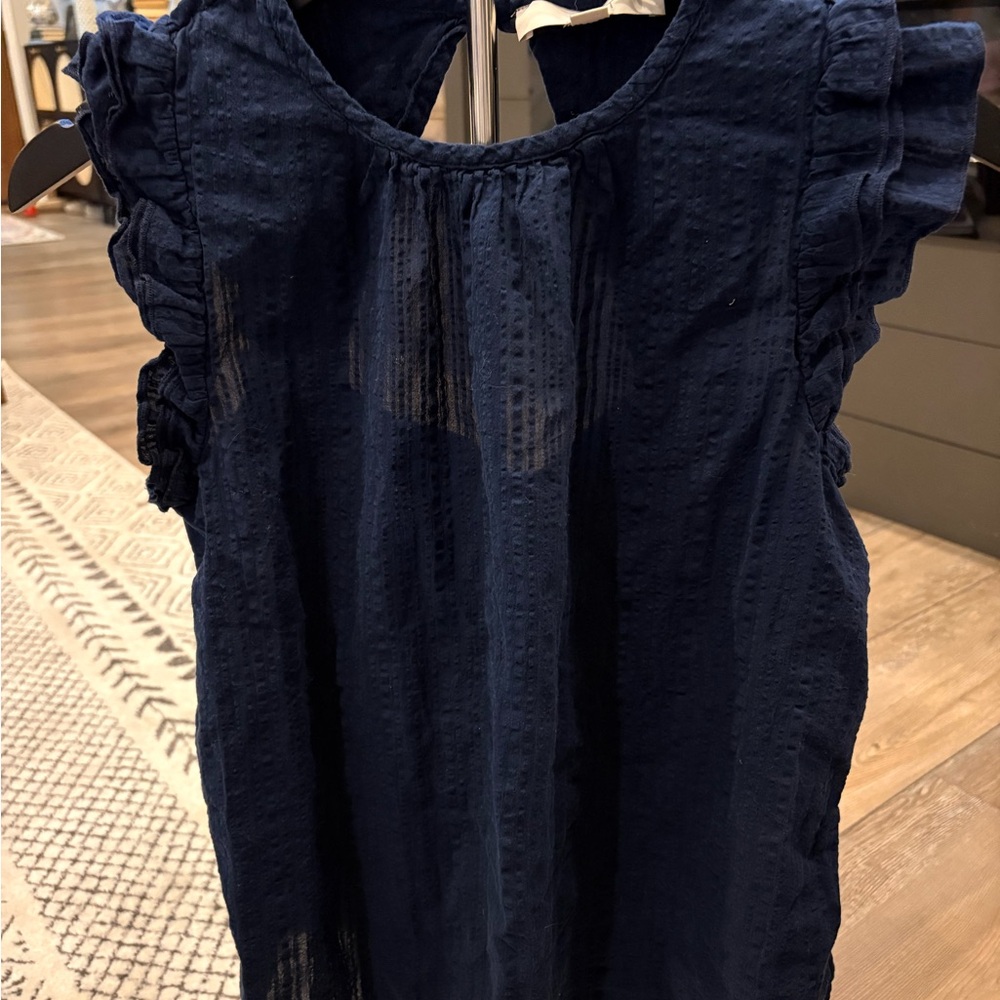 LOFT Navy Textured Ruffle Blouse